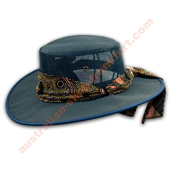 Barmah Ladies Canvas Hat blue with aboriginal design scarf
