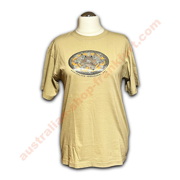 Tshirt -  Aboriginal Art - beige - "Two roos in oval"