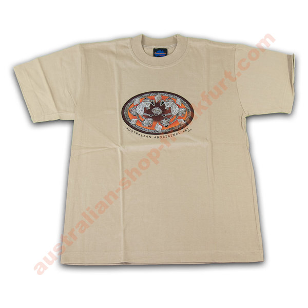 Tshirt -  Aboriginal Art - beige - "Two roos in oval"